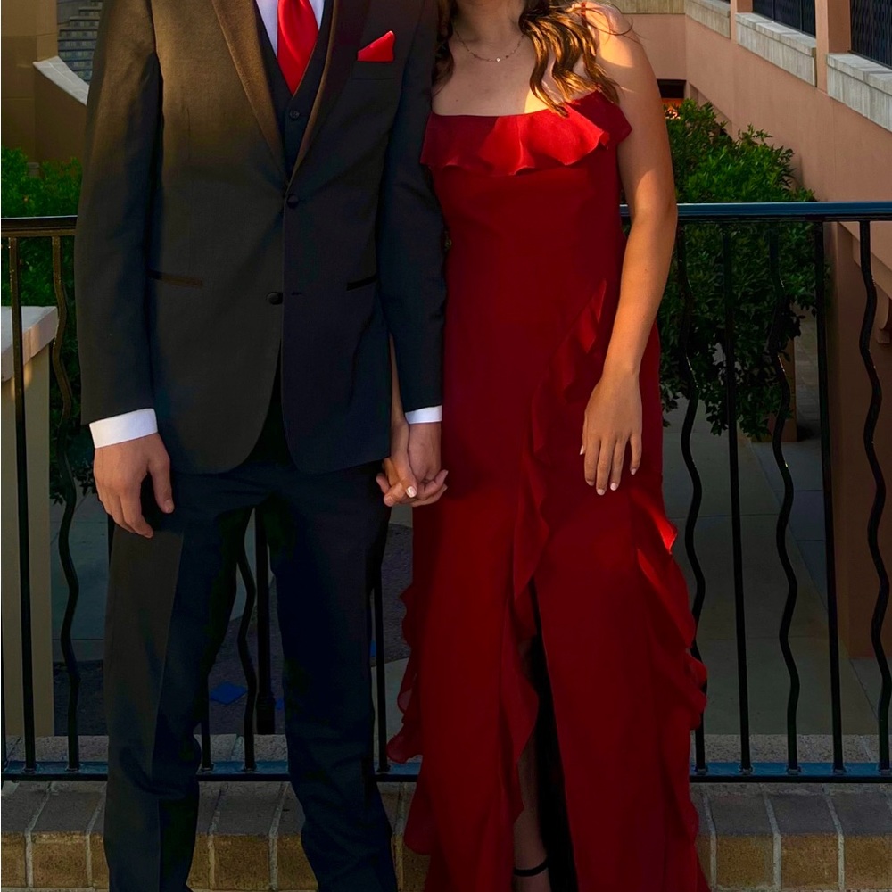 Azazie Elegant Red Dress with Ruffled Slit and Tie Back SIZE 6